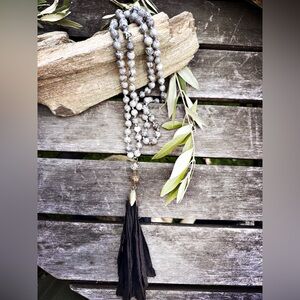 Gray Stone Mala Necklace with Black Linen Tassel.